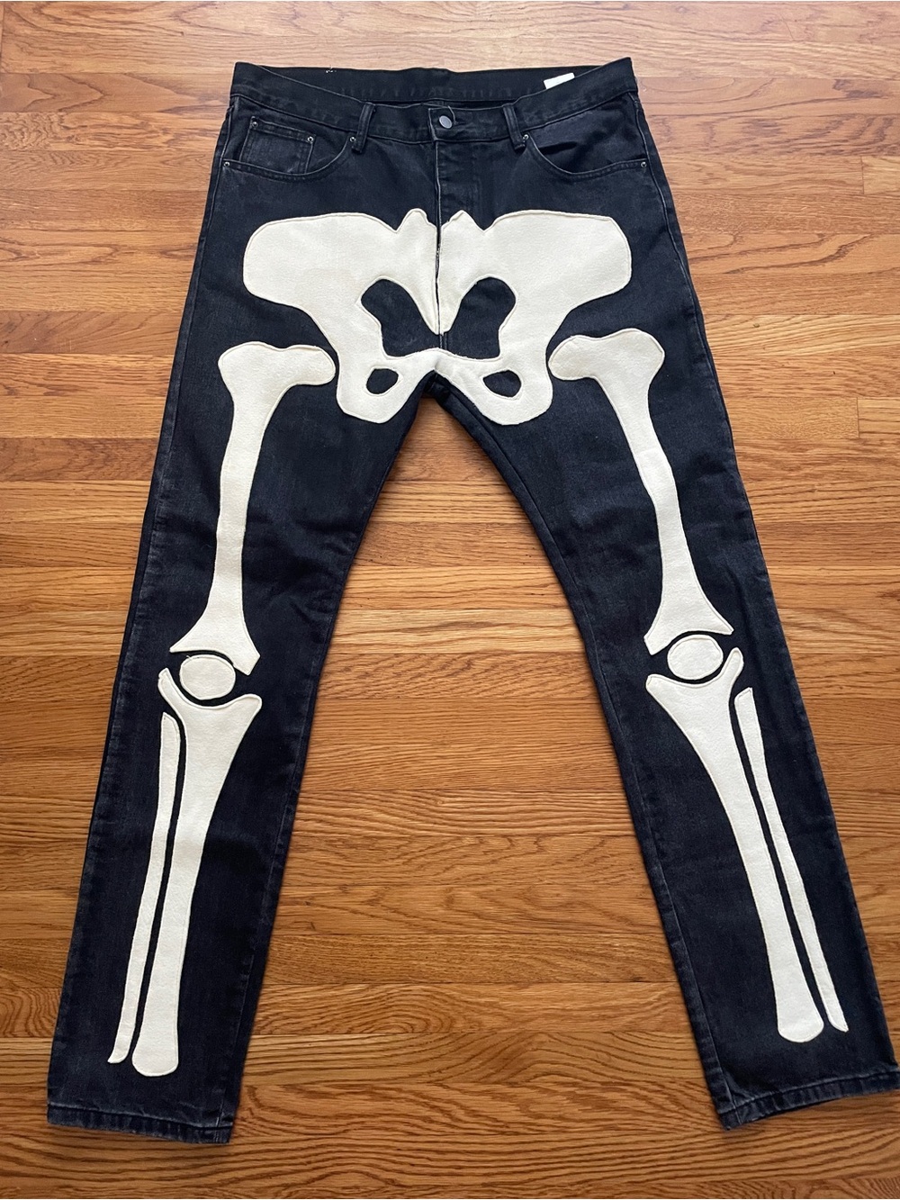 Mnml Black edgy Jeans with White goth Skeleton design 38